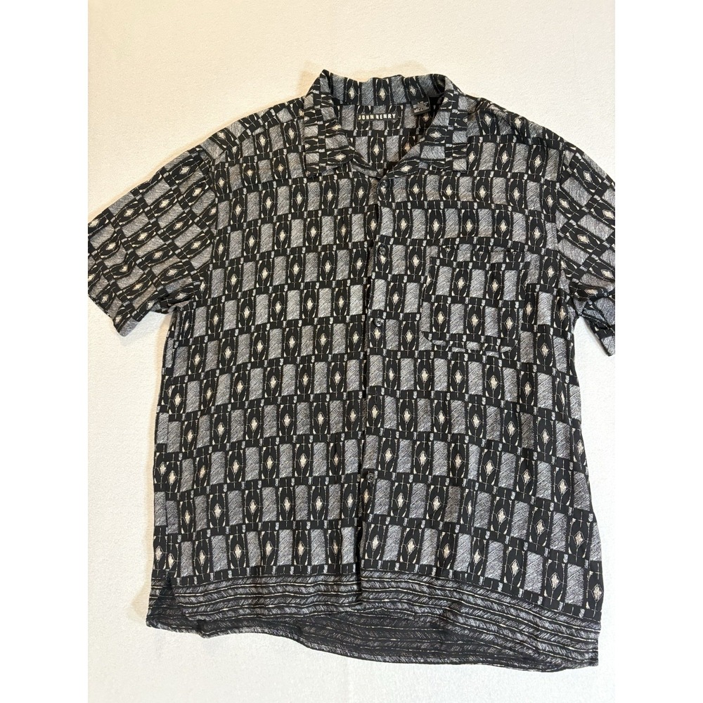 Men's John Henry Rayon Shirt L Black Gray Geometric Button Up Short Sleeve